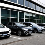 **

Prompt: A modern fleet of various car models (sedan, SUV, electric) parked neatly in front of a sleek, glass-fronted office building in a bustling Italian city (perhaps Milan or Rome). The cars are clean and represent a mix of business and stylish appeal. The sky is slightly overcast, creating a professional, serious tone. Focus on showcasing the variety and modern look of the fleet.

**