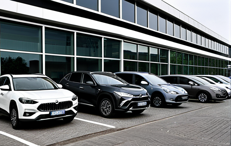 **
Prompt: A modern fleet of various car models (sedan, SUV, electric) parked neatly in front of a sleek, glass-fronted office building in a bustling Italian city (perhaps Milan or Rome). The cars are clean and represent a mix of business and stylish appeal. The sky is slightly overcast, creating a professional, serious tone. Focus on showcasing the variety and modern look of the fleet.
**