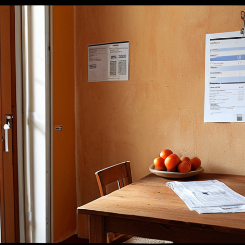 **Prompt:** Interior of a cozy Italian apartment, focus on details: slightly worn walls, a receipt taped to the fridge, open rental agreement on a wooden table, natural light, warm color palette, suggesting a lived-in but cared-for space in Bologna.