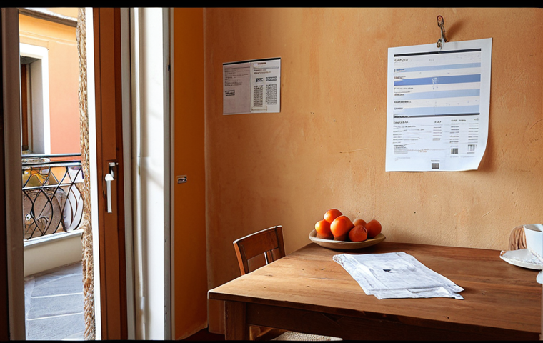 **Prompt:** Interior of a cozy Italian apartment, focus on details: slightly worn walls, a receipt taped to the fridge, open rental agreement on a wooden table, natural light, warm color palette, suggesting a lived-in but cared-for space in Bologna.