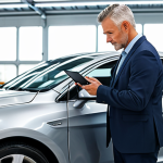 A professional, middle-aged man, fully clothed in a modest business suit, meticulously inspecting the exterior of a clean, modern silver sedan in a brightly lit, well-organized automotive service bay. He holds a tablet, carefully examining the car's bodywork for any minor imperfections. The environment is orderly, with professional tools neatly arranged in the background. High-quality professional photography, realistic, sharp focus, perfect anatomy, correct proportions, natural pose, well-formed hands, proper finger count, natural body proportions, safe for work, appropriate content, appropriate attire.