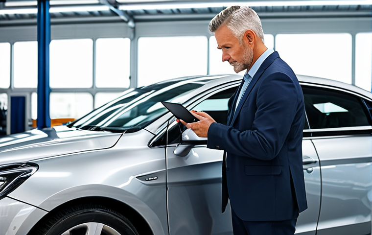 A professional, middle-aged man, fully clothed in a modest business suit, meticulously inspecting the exterior of a clean, modern silver sedan in a brightly lit, well-organized automotive service bay. He holds a tablet, carefully examining the car's bodywork for any minor imperfections. The environment is orderly, with professional tools neatly arranged in the background. High-quality professional photography, realistic, sharp focus, perfect anatomy, correct proportions, natural pose, well-formed hands, proper finger count, natural body proportions, safe for work, appropriate content, appropriate attire.