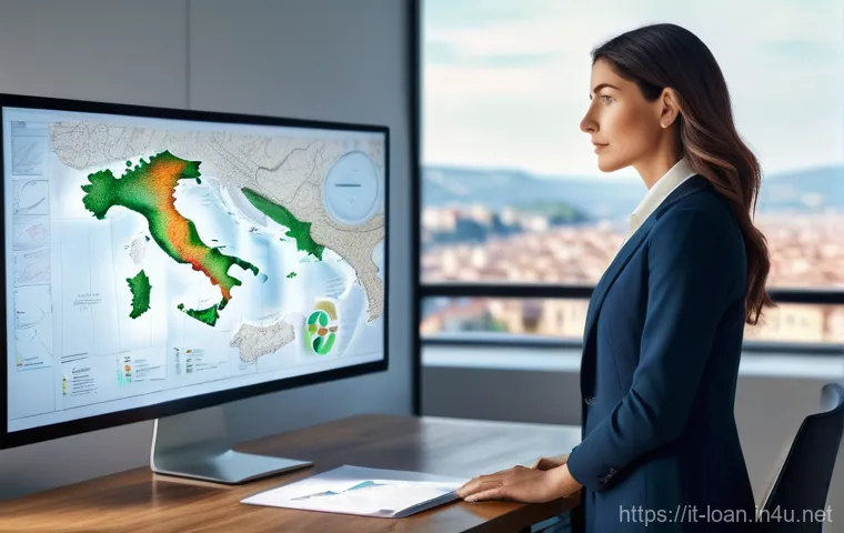 사업자 대출 신청 방법 - A determined Italian female entrepreneur, in her late 30s, stands in a modern, well-lit office with ...
