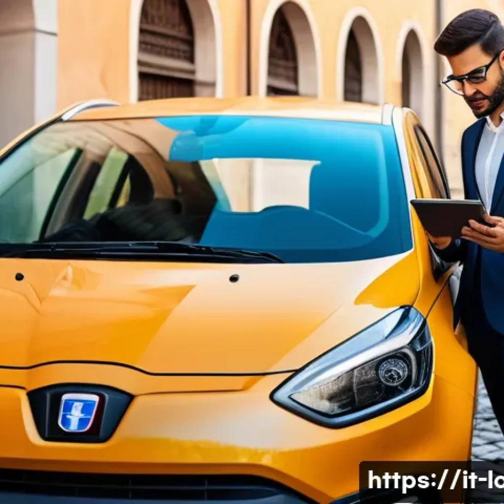 리스 차량 유지비 계산 - A modern Italian city street scene featuring a young professional driver reviewing car insurance doc...