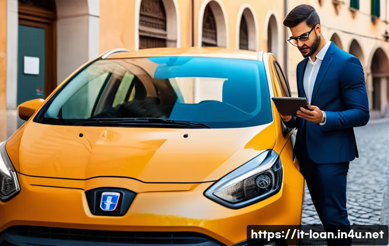 리스 차량 유지비 계산 - A modern Italian city street scene featuring a young professional driver reviewing car insurance doc...