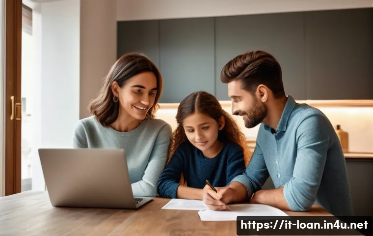 전세대출과 월세 대출 차이 - A modern Italian family sitting at a kitchen table in a cozy apartment, reviewing financial document...