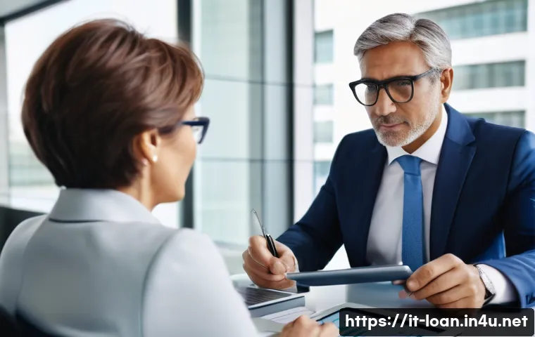 캐피탈 대출 상품 비교 - A professional Italian bank office setting showing a middle-aged man consulting with a female financ...