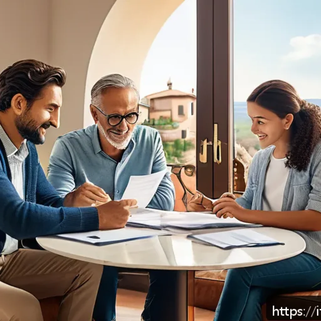 전세자금대출 보증보험 - A professional Italian family sitting comfortably at a modern living room table, reviewing mortgage ...