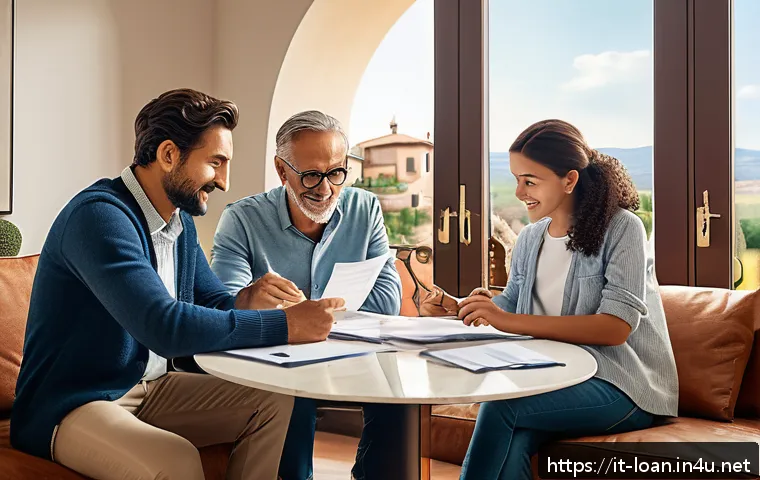전세자금대출 보증보험 - A professional Italian family sitting comfortably at a modern living room table, reviewing mortgage ...