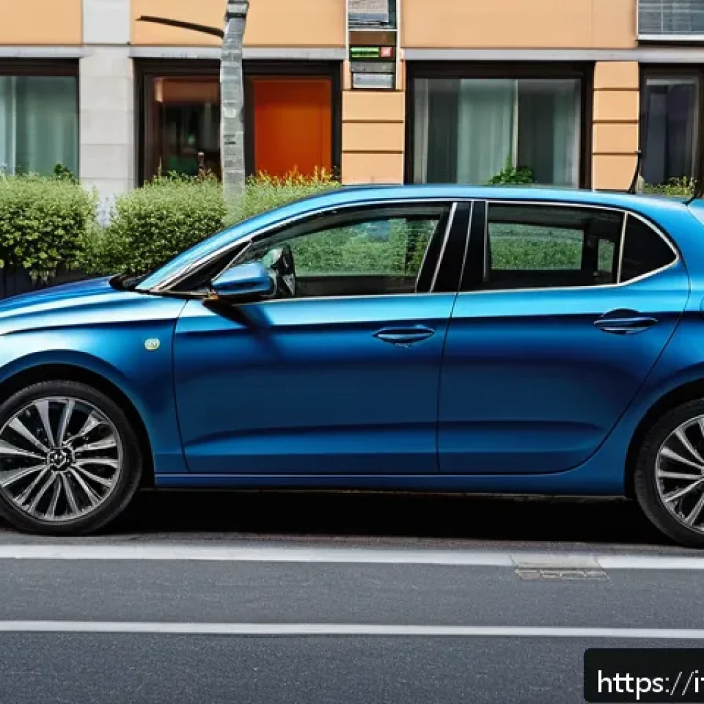 리스 차량 잔존가치 계산 - A sleek, modern rental car parked in an urban European setting, featuring a clean exterior with visi...