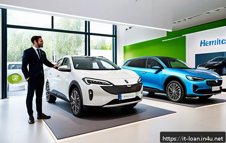 자동차 리스와 할부 비교 - A modern Italian car dealership showroom featuring a variety of eco-friendly vehicles, including ele...