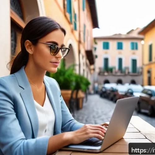 Home 33 캐피탈 대출 고객 후기 - A modern Italian urban setting featuring a young professional woman using a sleek laptop at a cozy c...