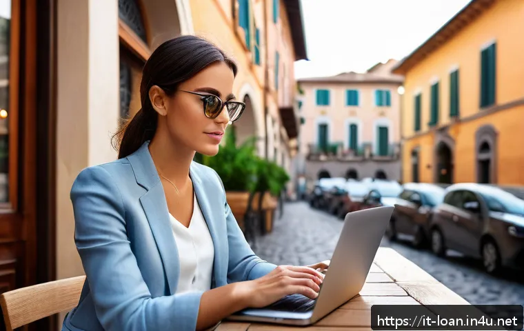 캐피탈 대출 고객 후기 - A modern Italian urban setting featuring a young professional woman using a sleek laptop at a cozy c...