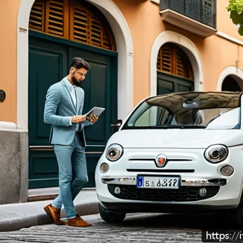Home 32 중고차 리스 장단점 - A modern Italian city street scene featuring a stylish used hybrid car parked beside a cobblestone s...