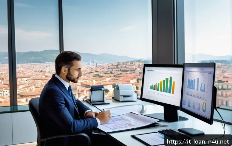 캐피탈 리스와 렌트 비교 - A professional Italian SME office scene showing a financial manager analyzing detailed charts and ta...